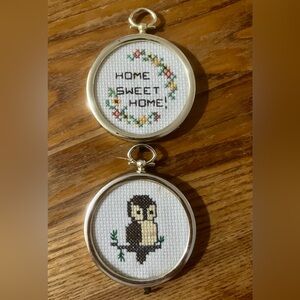 Vintage 70’s Miniature Needle Point - Home Sweet Home & Owl - Vtg Needlework